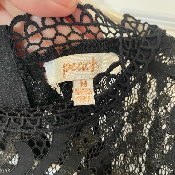 Peach blouse coverlet zipper black lace puff half sleeves sexy fun like new - Picture 6 of 13